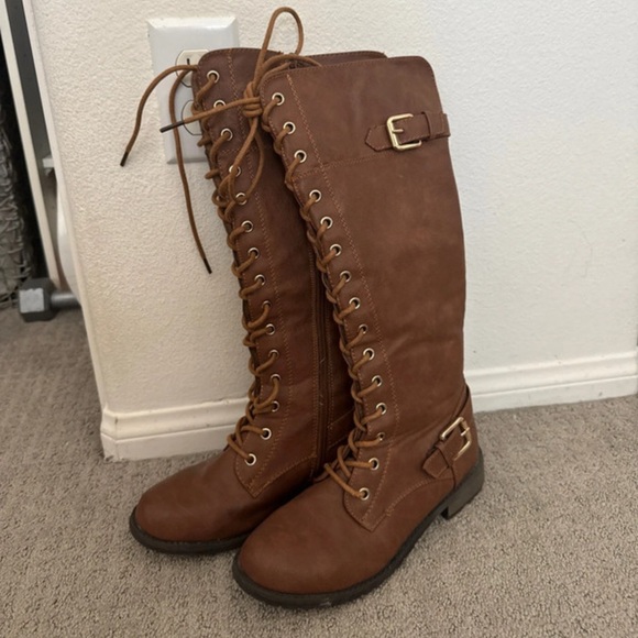 Forever 21 Brown Lace-Up Boots with Buckle - Picture 1 of 3